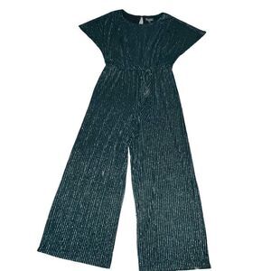Luxology Womens Large Jumpsuit Green Metallic Wide‎ Leg Tie Waist Holiday NWT